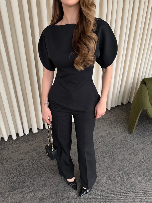 Siyah Balon Kol Asimetrik Bluz Pantolon Takım - 25194