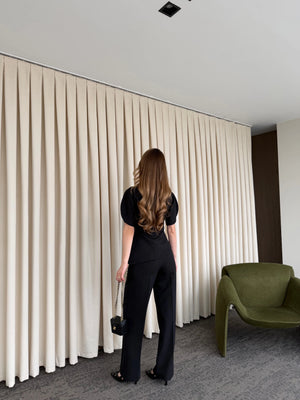 Siyah Balon Kol Asimetrik Bluz Pantolon Takım - 25194