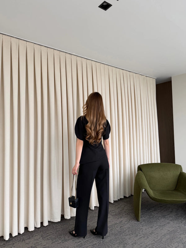 Siyah Balon Kol Asimetrik Bluz Pantolon Takım - 25194