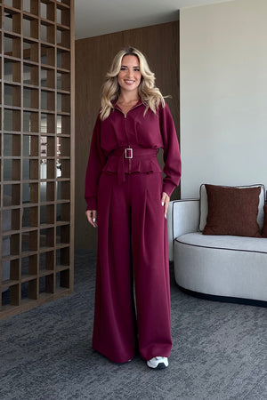 Bordo Bel Kemerli Pantolon Pensli Takım - 7278