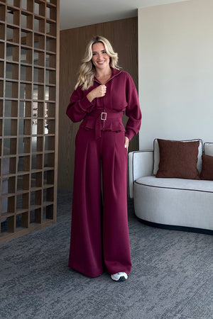 Bordo Bel Kemerli Pantolon Pensli Takım - 7278