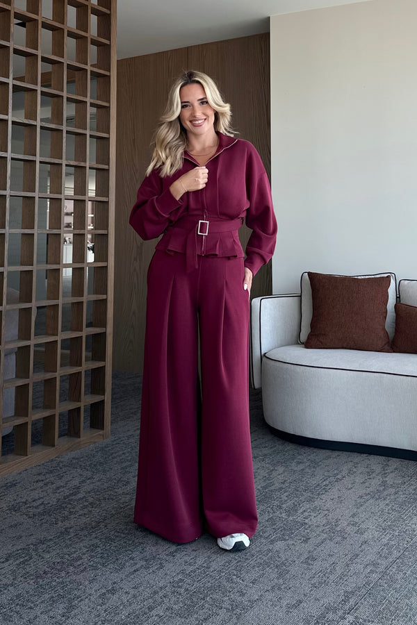 Bordo Bel Kemerli Pantolon Pensli Takım - 7278