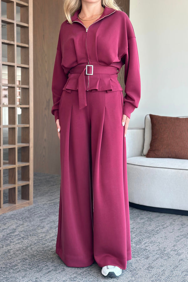 Bordo Bel Kemerli Pantolon Pensli Takım - 7278