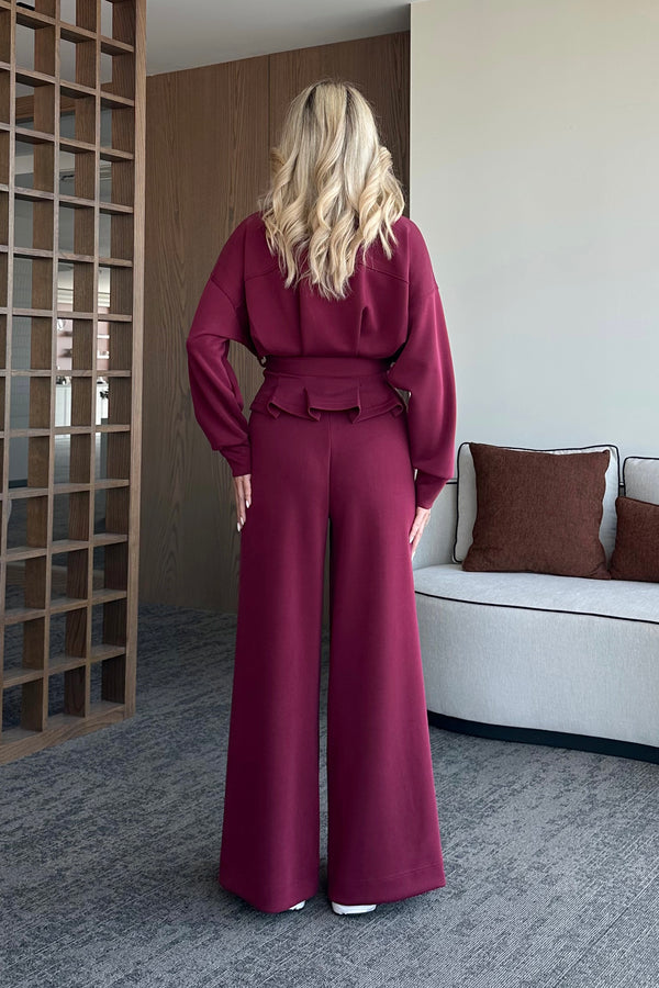 Bordo Bel Kemerli Pantolon Pensli Takım - 7278