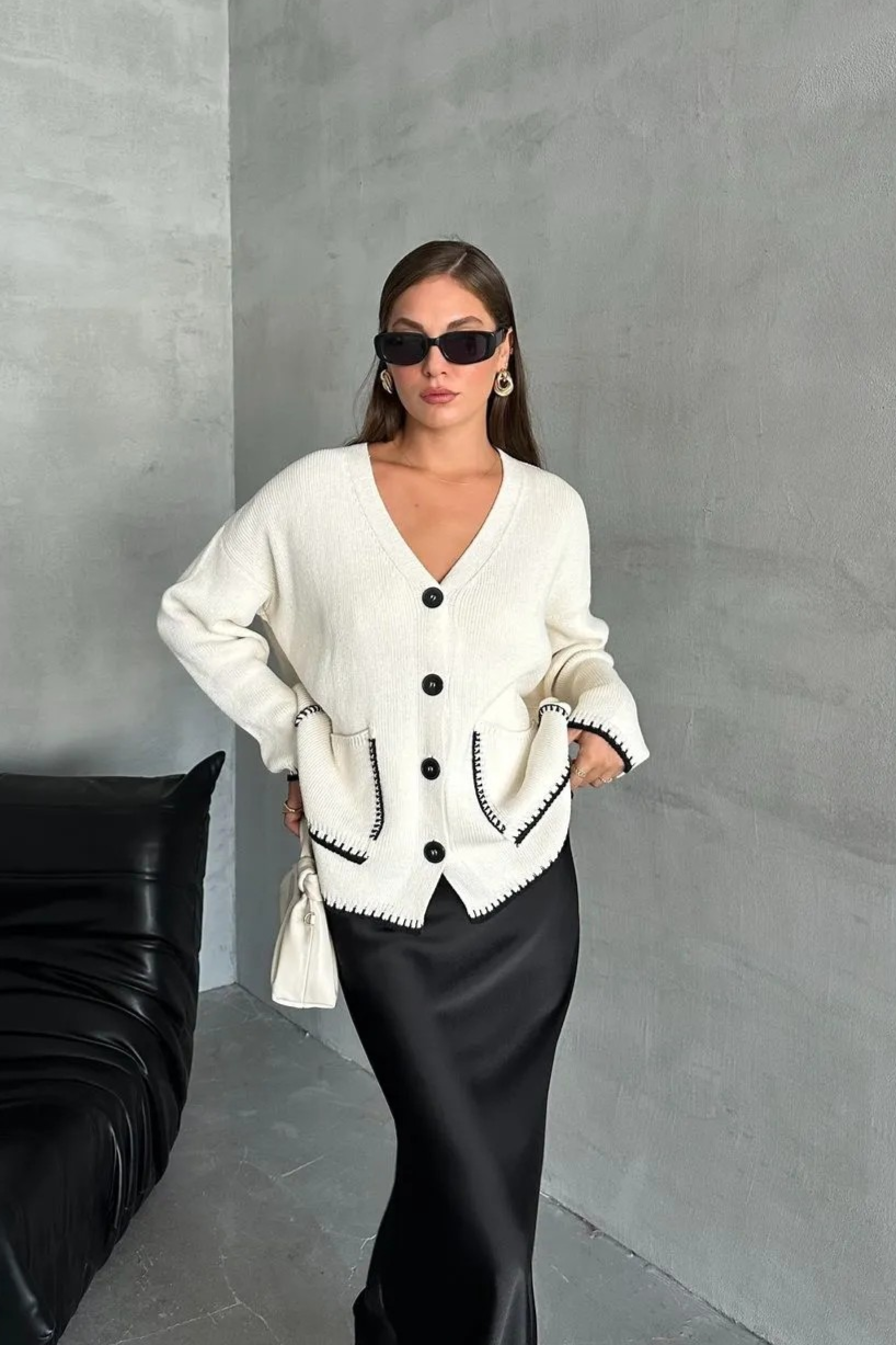 Ekru Çoban Dikiş Torba Cepli Hırka