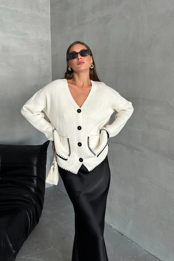 Ekru Çoban Dikiş Torba Cepli Hırka