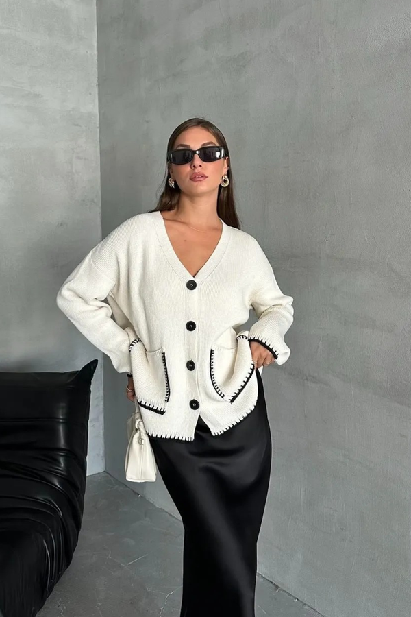 Ekru Çoban Dikiş Torba Cepli Hırka