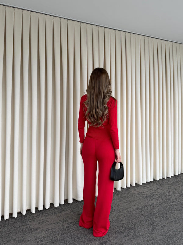 Kırmızı Dantelli İkili Triko Takım - 2602