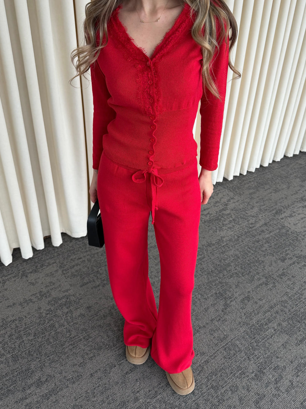 Kırmızı Dantelli İkili Triko Takım - 2602