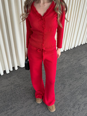 Kırmızı Dantelli İkili Triko Takım - 2602