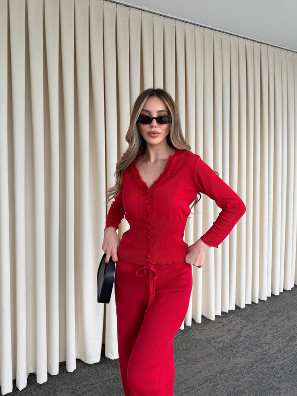 Kırmızı Dantelli İkili Triko Takım - 2602