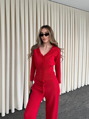 Kırmızı Dantelli İkili Triko Takım - 2602