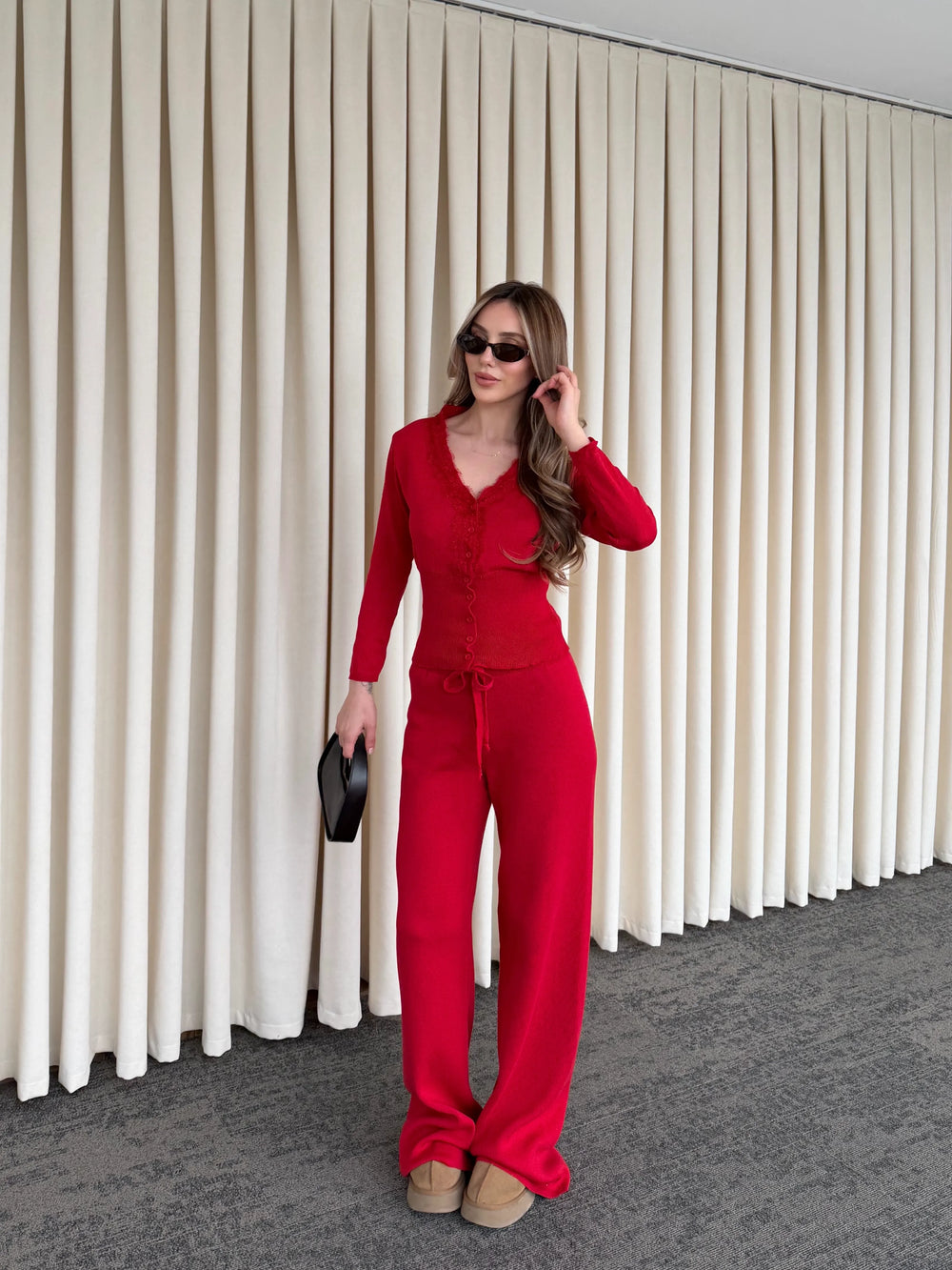 Kırmızı Dantelli İkili Triko Takım - 2602