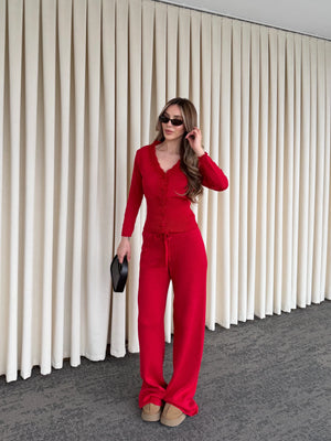 Kırmızı Dantelli İkili Triko Takım - 2602