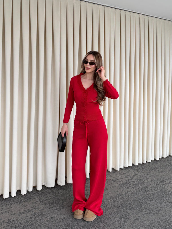 Kırmızı Dantelli İkili Triko Takım - 2602