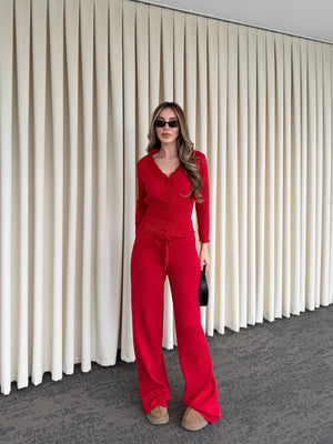 Kırmızı Dantelli İkili Triko Takım - 2602