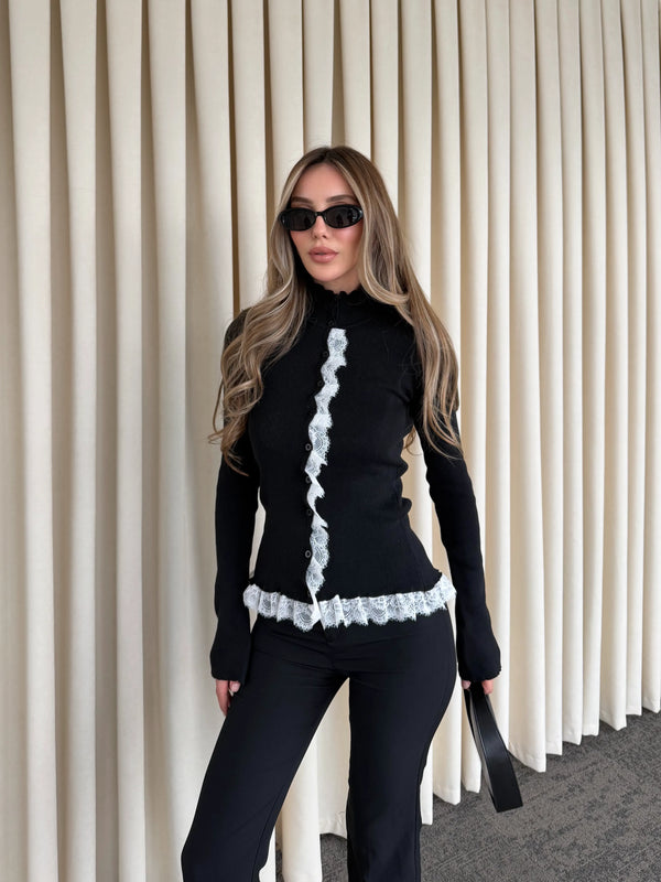 Siyah Dik Yaka Dantel Detaylı Hırka - 2726