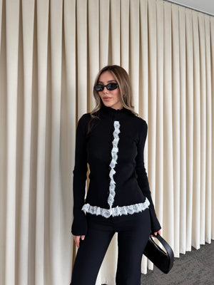 Siyah Dik Yaka Dantel Detaylı Hırka - 2726