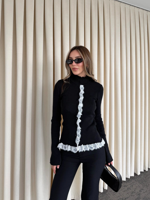 Siyah Dik Yaka Dantel Detaylı Hırka - 2726