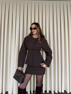 Kahverengi Düğmeli Pileli Ceket Etek Takım - 30422