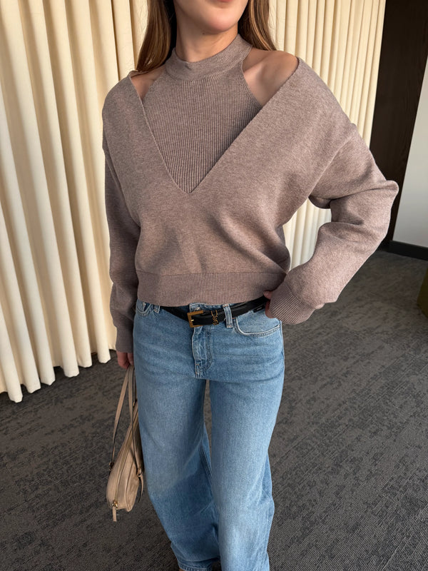 Bej İkili V Yaka Kazak - 251206