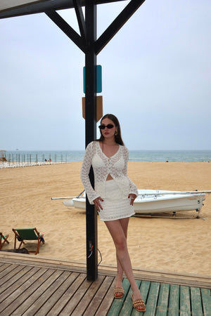 Ekru İnci Düğmeli Hırka Etek Takım