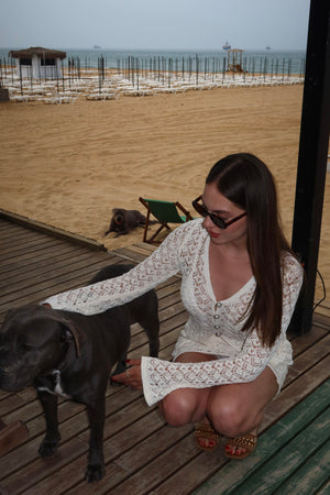 Ekru İnci Düğmeli Hırka Etek Takım