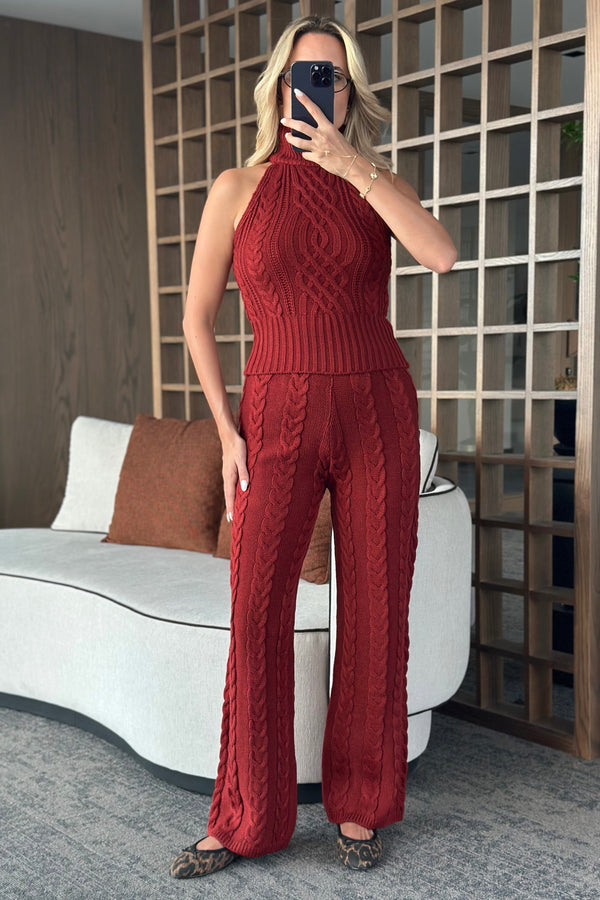 Bordo Kolsuz Bluz Pantolon Takım - 3009