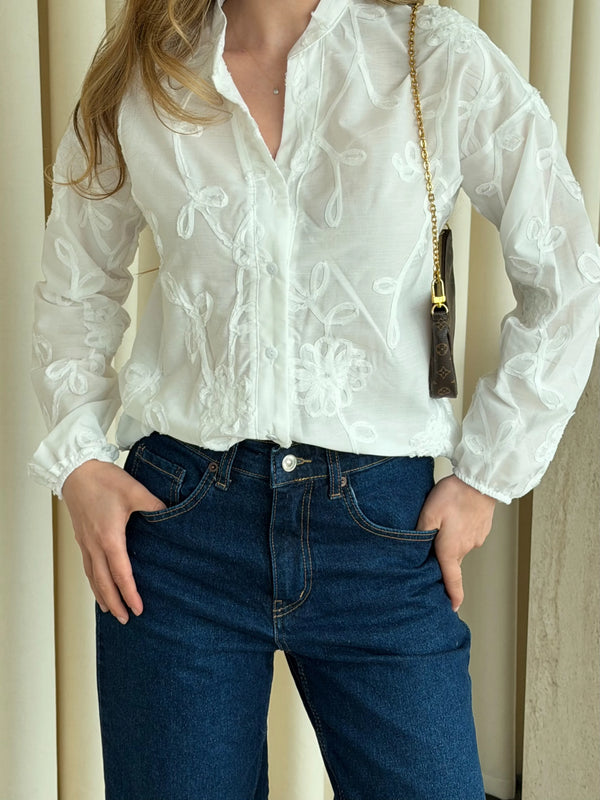 Ekru Kolu Lastikli Nakışlı Gömlek - 4231