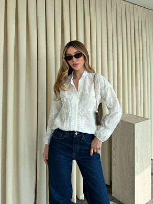 Ekru Kolu Lastikli Nakışlı Gömlek - 4231