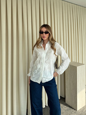 Ekru Kolu Lastikli Nakışlı Gömlek - 4231