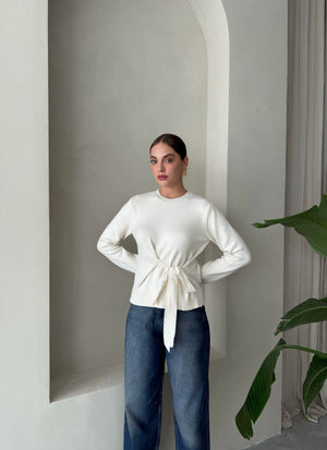 Ekru Miusa Ön Bağlamalı Tasarım Kazak