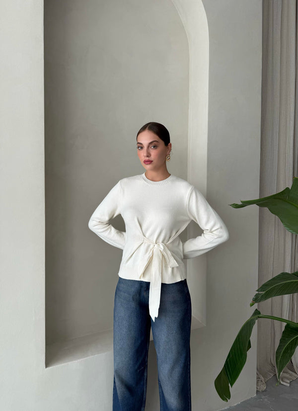 Ekru Miusa Ön Bağlamalı Tasarım Kazak