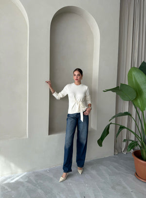 Ekru Miusa Ön Bağlamalı Tasarım Kazak