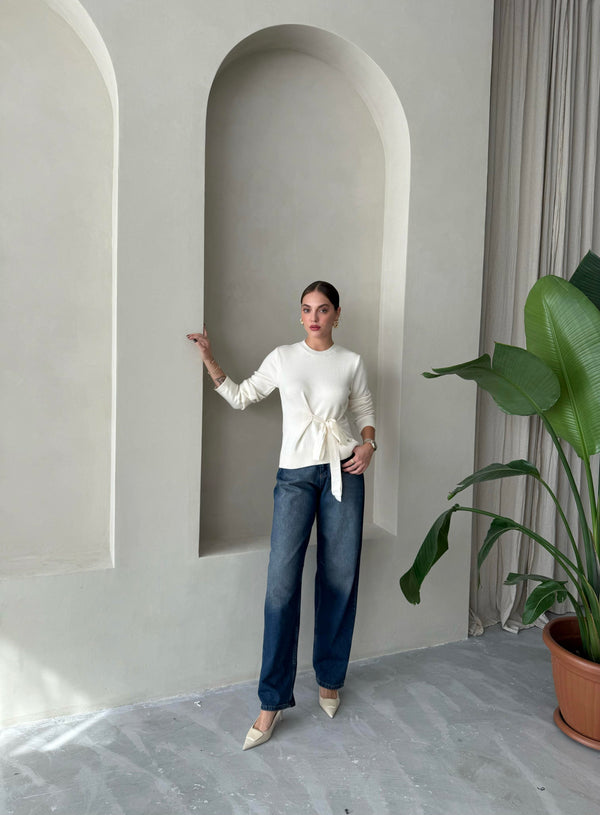 Ekru Miusa Ön Bağlamalı Tasarım Kazak