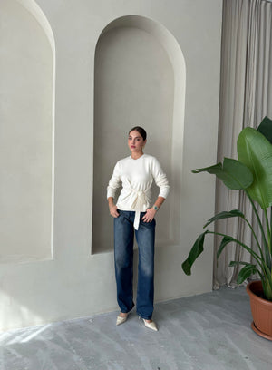 Ekru Miusa Ön Bağlamalı Tasarım Kazak