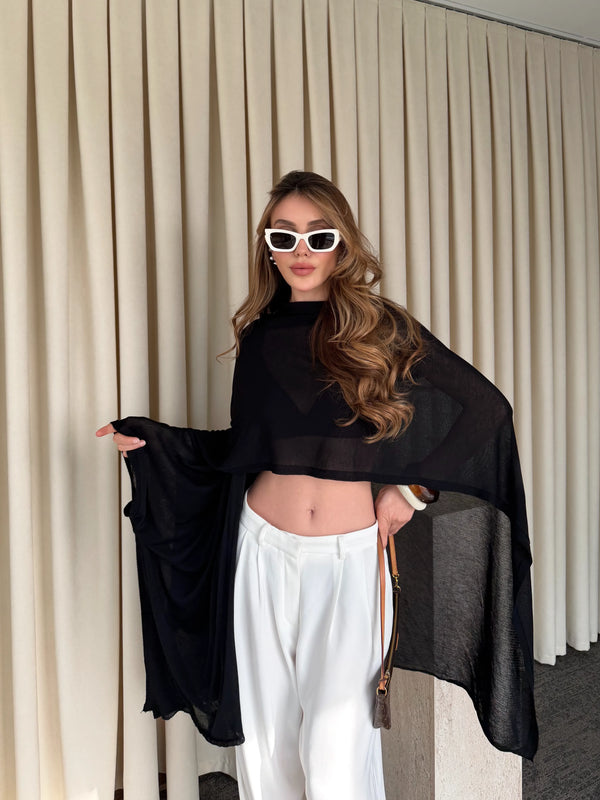 Siyah Muadil Tasarım Triko Pelerin Şal - 5241