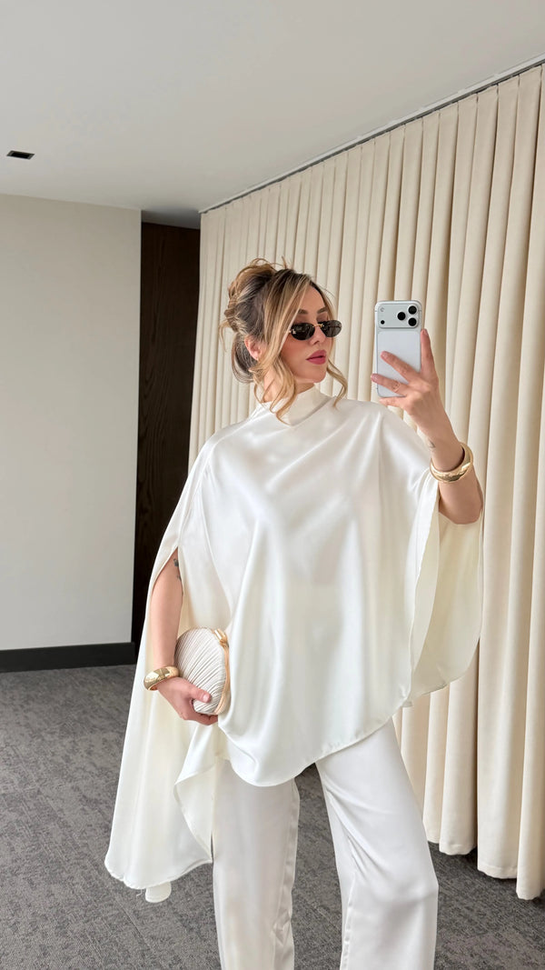 Ekru Saten Bluz Pantolon Takım - 265072
