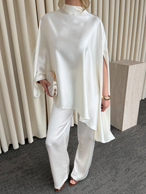 Ekru Saten Bluz Pantolon Takım - 265072