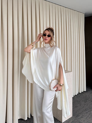 Ekru Saten Bluz Pantolon Takım - 265072