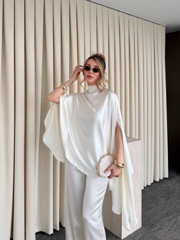 Ekru Saten Bluz Pantolon Takım - 265072