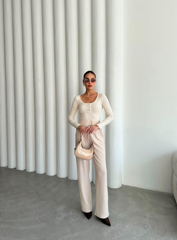 Ekru Sedef Düğmeli Uzun Tshirt