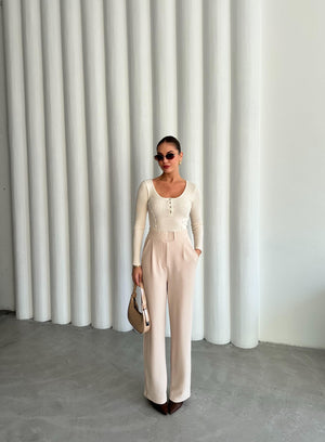 Ekru Sedef Düğmeli Uzun Tshirt