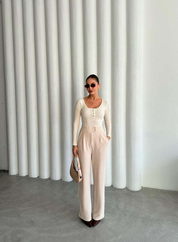 Ekru Sedef Düğmeli Uzun Tshirt