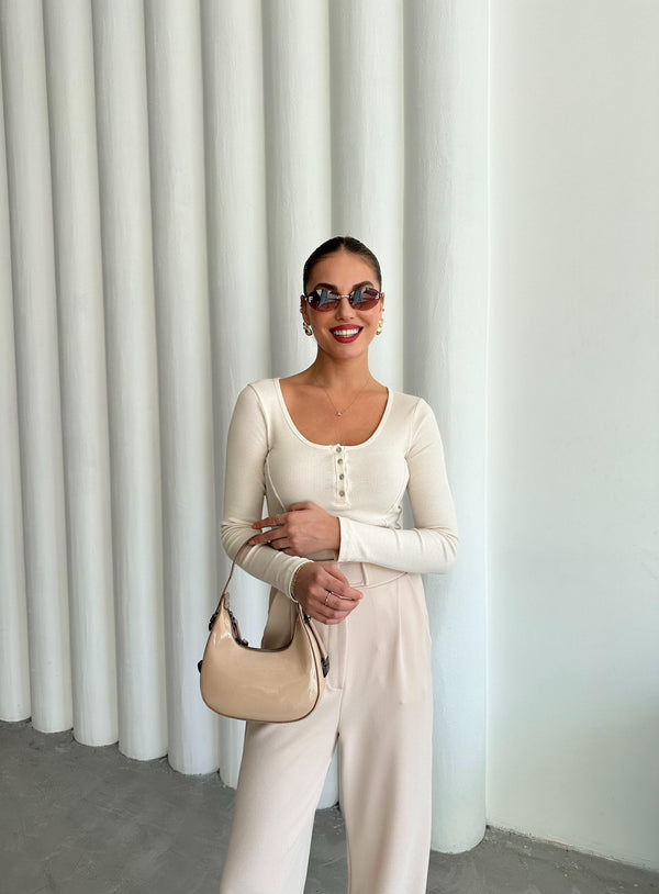 Ekru Sedef Düğmeli Uzun Tshirt