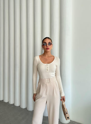 Ekru Sedef Düğmeli Uzun Tshirt