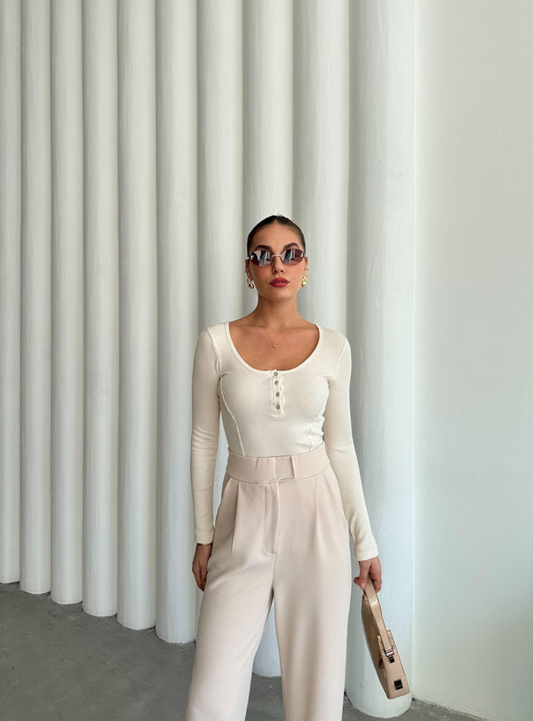 Ekru Sedef Düğmeli Uzun Tshirt