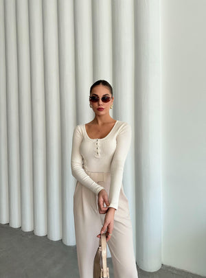 Ekru Sedef Düğmeli Uzun Tshirt