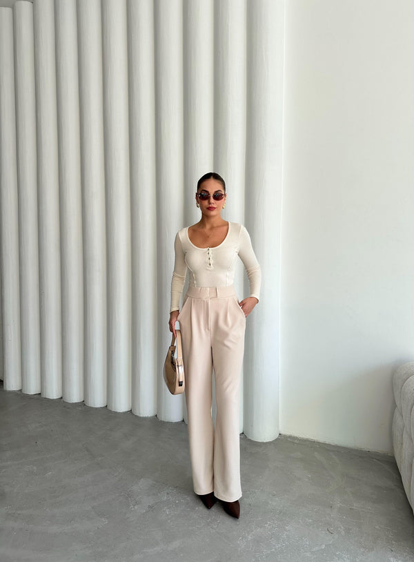 Ekru Sedef Düğmeli Uzun Tshirt