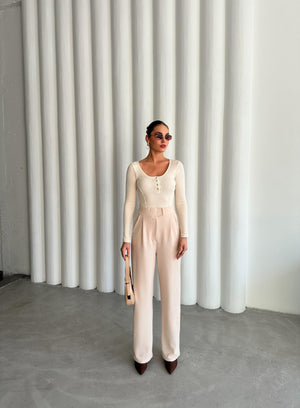 Ekru Sedef Düğmeli Uzun Tshirt